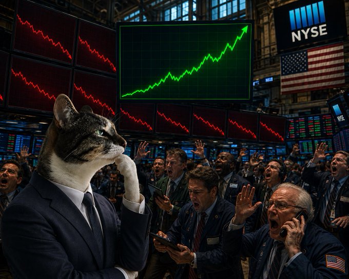 A cat in a suit poses calmly on the NYSE trading floor, surrounded by frenzied traders cheering as a massive green upward-trending chart dominates the screens, with "NYSE" and an American flag visible in the background—perfectly capturing the bullish optimism of the "gm to bulls and bulls only" post.