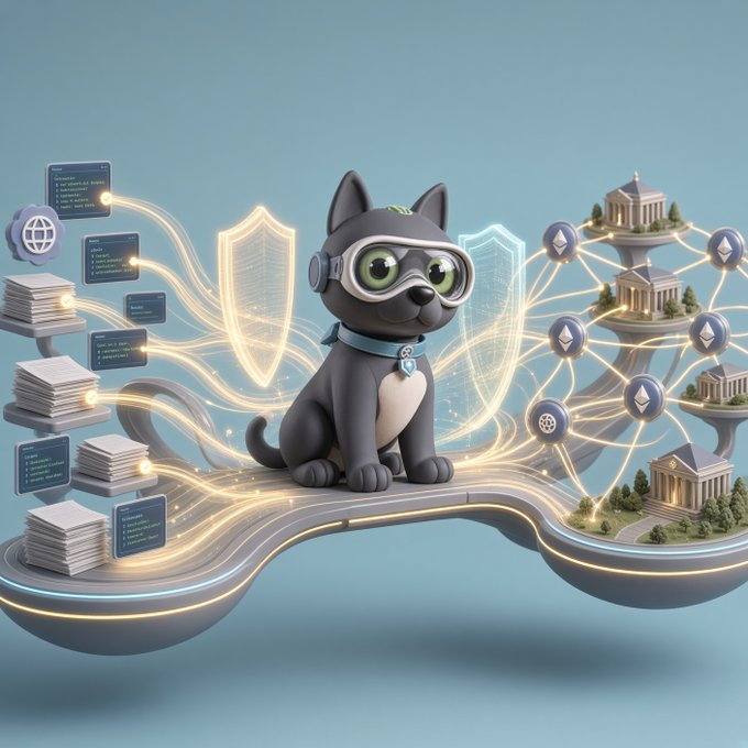 A 3D illustration of a cute gray cat wearing green goggles, sitting on a stylized platform connected by glowing lines to various icons including shields, Ethereum symbols, and buildings.