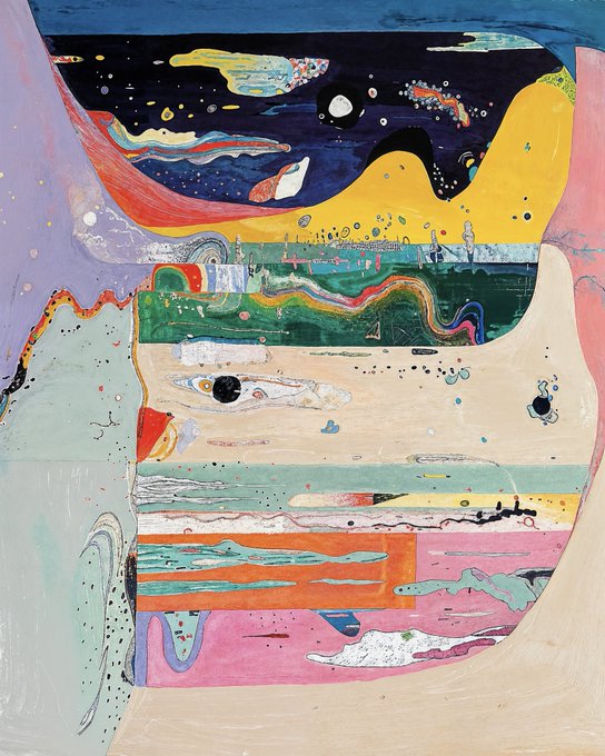 A colorful abstract mixed-media painting featuring horizontal bands of yellow, green, orange, and pink, with a dark night sky section at the top containing white dots and swirling organic shapes.