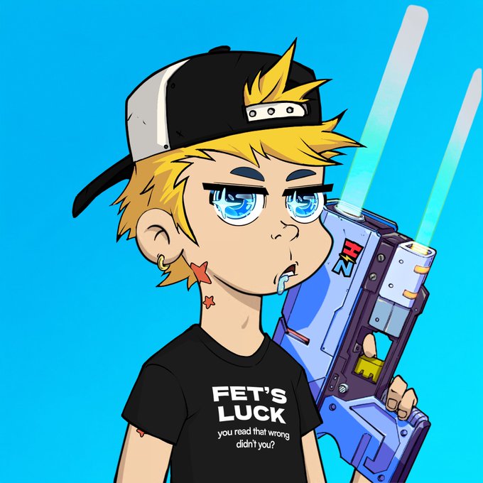 An anime-style character with blonde hair, blue eyes, and a backward black cap wears a black t-shirt reading 'FET'S LUCK you read that wrong didn't you?' while holding a sci-fi blaster.