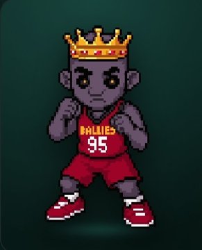 A pixel-art character wearing a gold crown, a red basketball jersey reading "BALLIES 95," and red sneakers, posed against a dark background.