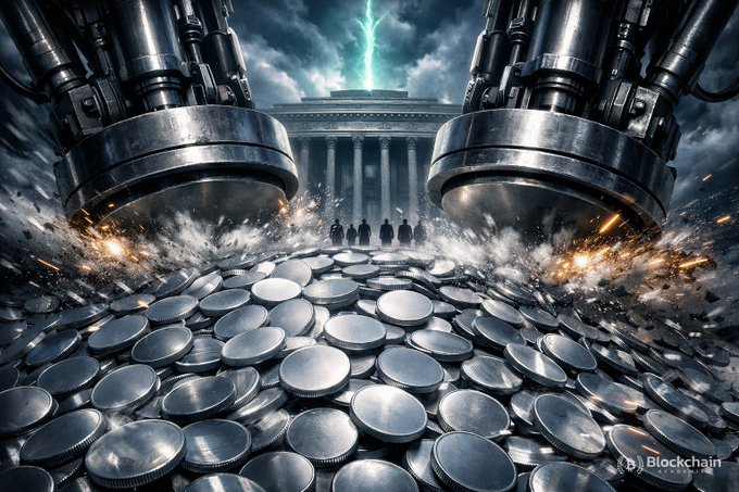 Two massive industrial presses crush silver coins into a metal landscape, with silhouetted figures standing before a neoclassical building under a stormy sky with green lightning; a 'Blockchain' watermark appears in the corner.