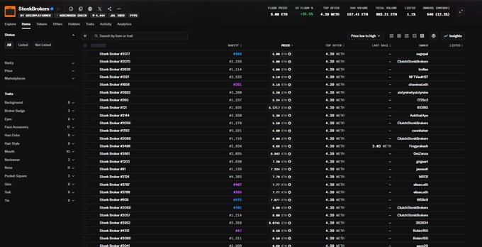 A screenshot of ShockedMakers' Pocket Terminal showing a list of meme stocks with ticker symbols like RARE, NDKS, NDKR, NCT, and others, all displaying positive WETH values around 4.38. The "4E" and "5E" references in the caption likely correspond to the "#4" and "#5" rarity badges visible on several stocks, suggesting the user's discovery of increasingly rare tokens during the morning market surge.