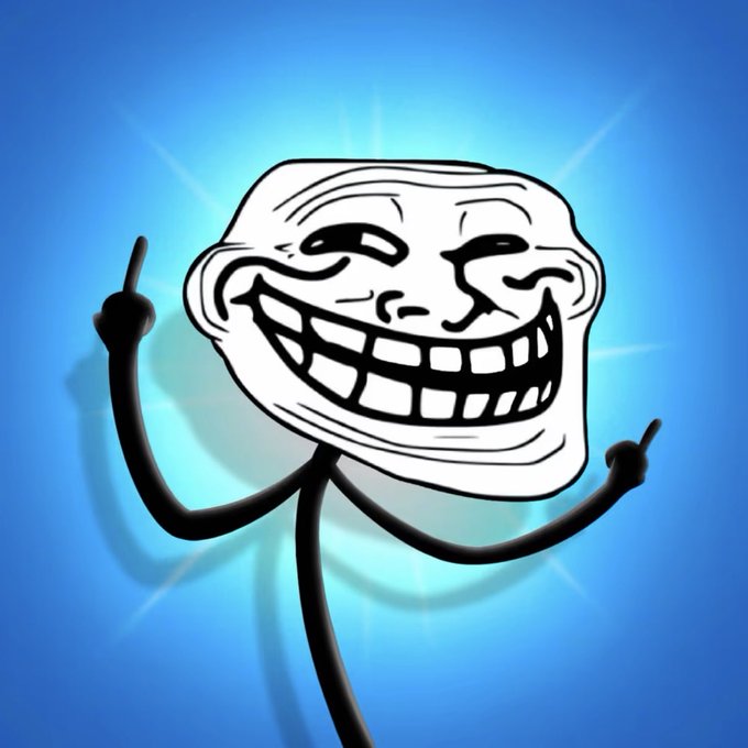 A troll face meme character with a wide grin pointing both index fingers upward against a bright blue background with a glowing center.