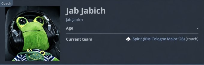 A coach profile for "Jab Jabich" on HLTV shows the frog mascot character listed as coach for Spirit (IEM Cologne Major '26), supporting the post's claim about the $FROG meme's surprising crossover into real esports recognition.