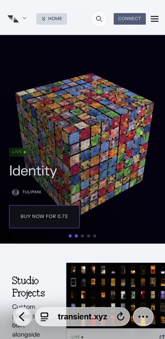 A webpage for an NFT called 'Identity' by TULIPANI showing a colorful 3D cube made of tiled artwork, listed on transient.xyz with a 'BUY NOW FOR 0.7Ξ' button.