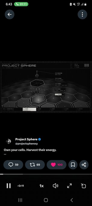 A screenshot of a Twitter/X post from Project Sphere (@projectspherexyz) with the text "Own your cells. Harvest their energy," showing a dark interface diagram and various engagement metrics.