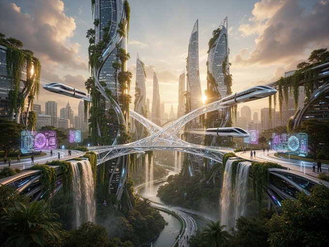 A futuristic, AI-generated cityscape featuring sleek skyscrapers integrated with lush greenery, waterfalls, and hovering vehicles against a sunset sky.
