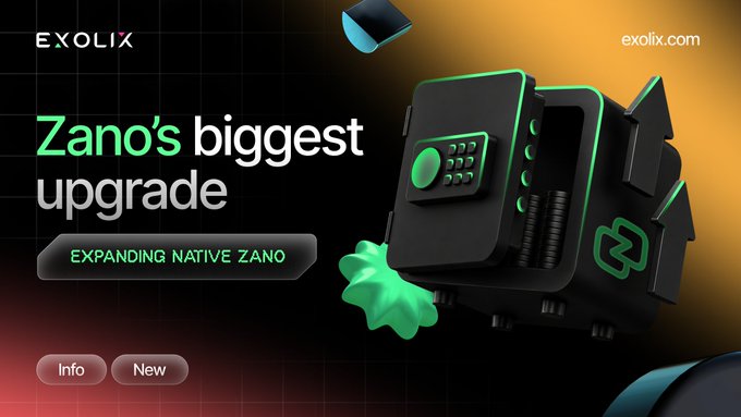 The image is a promotional banner for Exolix featuring the text "Zano's biggest upgrade - Expanding Native ZANO" with a stylized 3D black and green safe/vault graphic against a gradient background, advertising Exolix.com alongside the announcement of Zano's Hard Fork 6 enabling native ZANO expansion to EVM networks, TON, and Solana via non-custodial transfers.