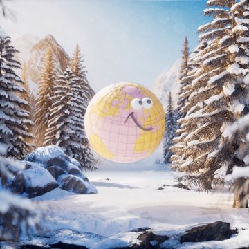 A surreal artistic image of a globe with a cartoon face floating in a snowy mountain forest landscape.