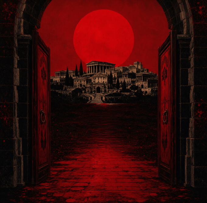A dark, gothic digital artwork depicts a stone archway with open wooden doors looking out onto a blood-red scene with ancient ruins and a massive red moon.
