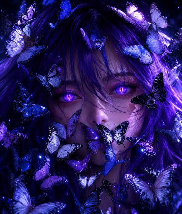 A stylized fantasy portrait of a girl with purple hair and glowing purple eyes, surrounded by blue and purple butterflies.