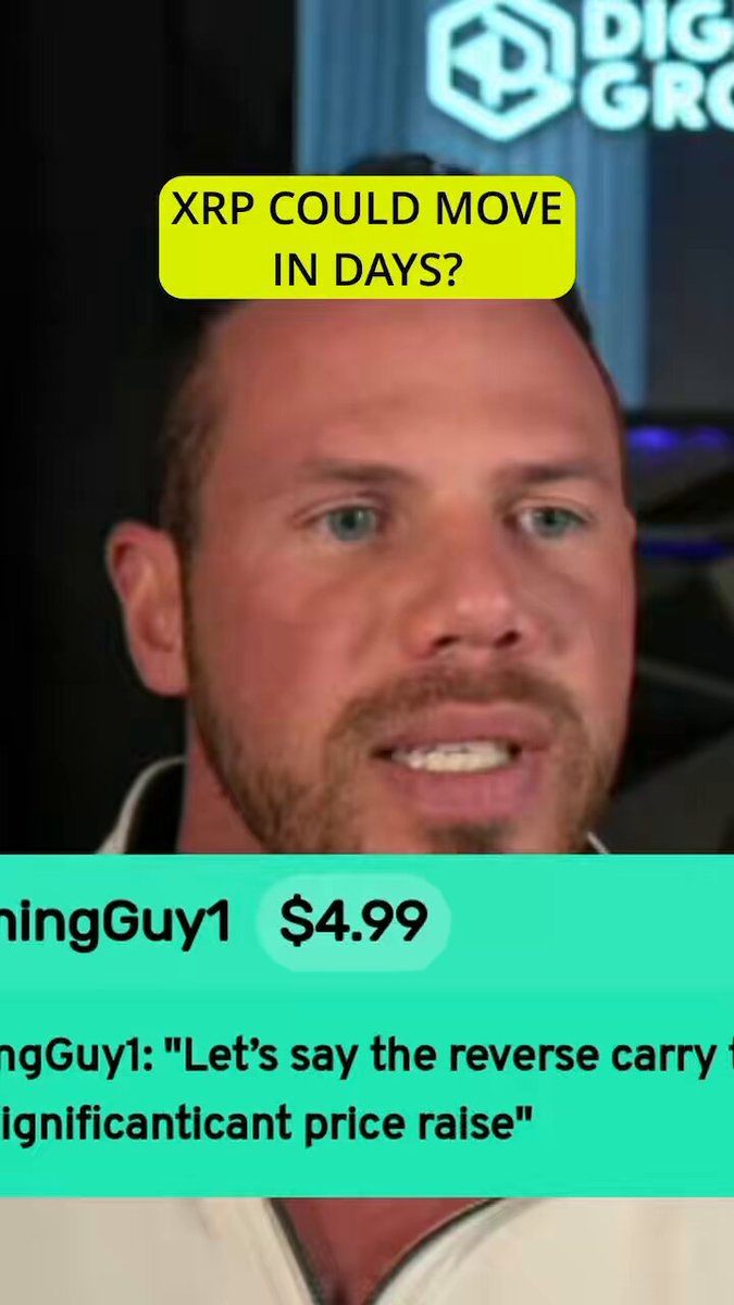 The image features a man with a beard wearing a white shirt, who appears to be talking about Bitcoin or XRP. The caption below his photo reads "XRP Could Move In Days?".