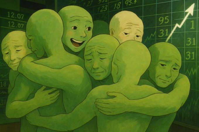 A green-tinted illustration depicting multiple stylized humanoid figures with varied emotional expressions hugging each other, set against a background of stock market numbers and a rising white arrow.