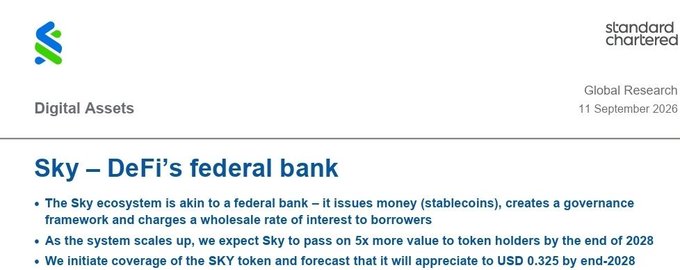 A slide from a Standard Chartered Global Research report dated 11 September 2026 titled 'Sky – DeFi's federal bank' under the 'Digital Assets' section.
