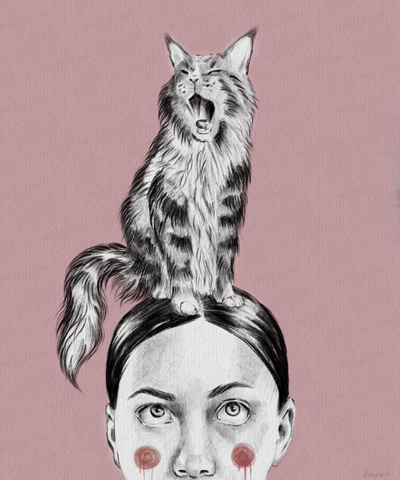 A surreal pencil illustration depicts a wide-eyed woman with red marks under her eyes, a long-haired tabby cat perched atop her head mid-meow, set against a pink background.