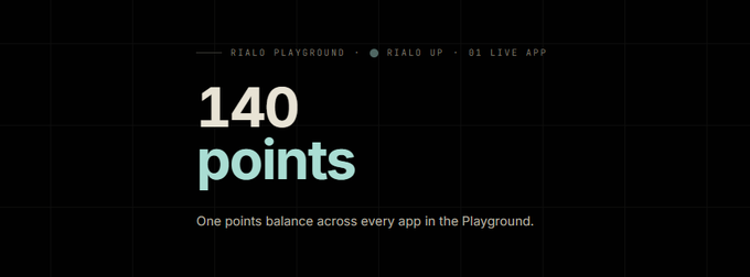 A dark screen displaying '140 points' along with the text 'One points balance across every app in the Playground' and navigation labels like 'RIALO PLAYGROUND', 'RIALO UP', and 'QI LIVE APP'.