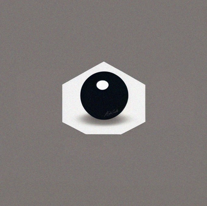 A minimalist digital artwork featuring a black circular shape with a small white dot, resembling an eye or an abstract figure, centered within a white hexagon against a gray background.