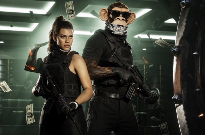 A woman and a man in a monkey skull mask, both dressed in black tactical gear and holding assault rifles, pose in front of a vault as burning cash flies through the air—evoking the heist-style imagery of GTA VI and reinforcing the $APE crypto "apes" meme referenced in the post.