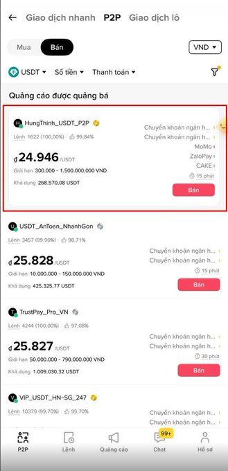 A Binance P2P sell interface shows a listing from "HungThinh_USDT_P2P" offering USDT at ₫24,946 (highlighted in red) — significantly lower than the next sellers' prices of ₫25,828 and ₫25,827, illustrating the post's warning to verify the rate before clicking.