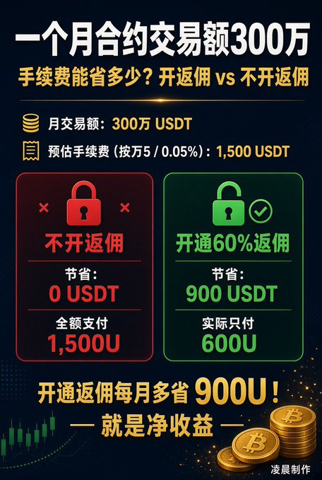 A Chinese-language promotional graphic for cryptocurrency contract trading, comparing fees with and without a 60% rebate program, showing savings of 900 USDT on a 3 million USDT monthly trading volume.