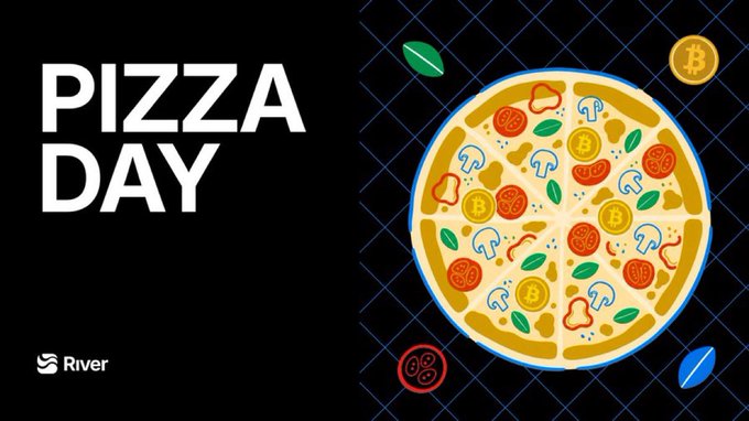 The image features a large pizza with various toppings, including mushrooms, tomatoes, and green leaves. The text "Pizza Day" is written above the pizza, indicating that it's an event celebrating pizza. The background of the image is black, which contrasts with the colorful pizza in the foreground. The post also mentions that there are two rivers in the image, adding a unique element to the scene.