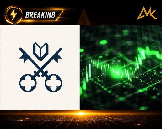 A news graphic with a 'BREAKING' banner featuring a logo of two crossed keys and an open book, alongside a green stock chart visualization.
