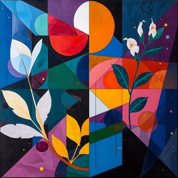 A colorful abstract painting featuring geometric shapes, leaves, and floral elements in a cubist style with vibrant blues, reds, oranges, and greens.
