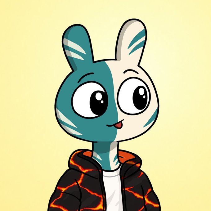 A teal and cream-colored cartoon bunny character with big expressive eyes sticks its tongue out while wearing a black hoodie patterned with glowing orange lava-like cracks. The image serves as the profile picture for @bunionrh, accompanying their free mint giveaway announcement that requires following both accounts and retweeting with an EVM address comment, with 12 guaranteed spots.