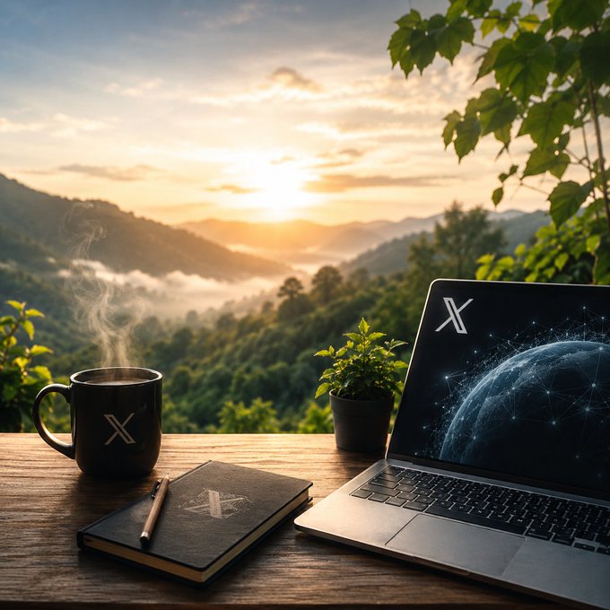 A steaming coffee mug, notebook, and laptop sit on a wooden desk overlooking a misty sunrise, embodying the post's message of steady, daily progress and consistency in the Web3 journey. The "X" logo visible on the mug, notebook, and laptop screen ties the scene to crypto/tech branding.