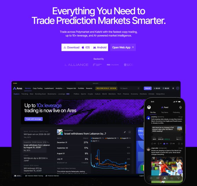 A promotional webpage screenshot for a prediction market trading platform displays the headline 'Everything You Need to Trade Prediction Markets Smarter' with screenshots of their desktop and mobile apps on a purple background.