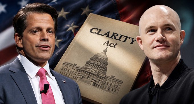 A composite image showing two men in front of an American flag with the 'CLARITY Act' document and the U.S. Capitol building in the center.