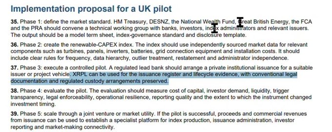 The image shows a document titled "Implementation proposal for a UK pilot". The document contains information about a pilot project that uses Ripple Ledger, an open-source blockchain platform, for climate finance bonds. It also mentions that the project is in Phase 3 and has already been approved by the UK Parliament. The text includes details on how to use Ripple Ledger for registry, life cycle evidence, regulated custody arrangements, and EMI approval.