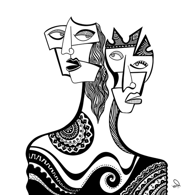 A black and white abstract line drawing depicting a stylized double face or mask design with intricate patterned clothing.