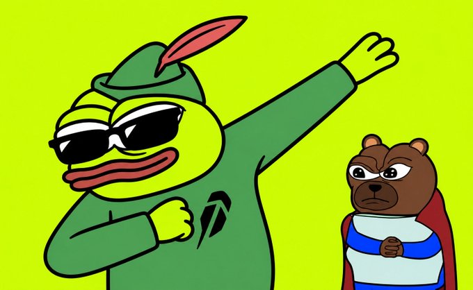 A cartoon depicts a yellow character wearing a green Robin Hood-style outfit with a feathered hat and an 'N' logo on the chest, striking a pose next to a stern-looking bear in a striped shirt.