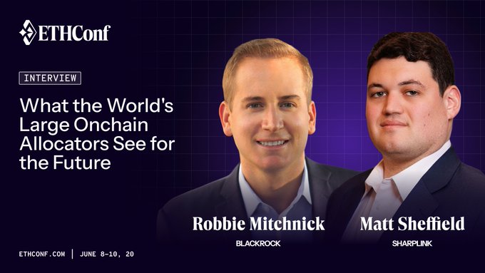 The image features a poster for an event titled "What the World's Large Onchain Allocators See for the Future" featuring two men wearing suits. The poster has a purple background with white text, and the names of the speakers are displayed below them.