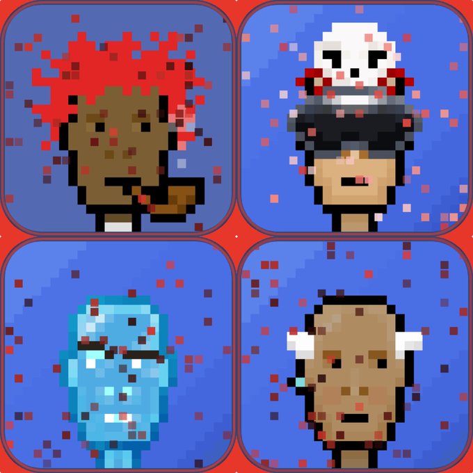 The image features four pixel-art style meme characters arranged in a grid against blue backgrounds, including a bloody figure with red wild hair, a mask-wearing character, a blue blob-like creature, and a horned brown figure. The post promotes "Pitboys/Mineboys" and mining "$DERP" cryptocurrency, and the image appears to represent the various characters/memes associated with this project, likely depicting the different "Pitboys" meme avatars being marketed as early mining opportunities.
