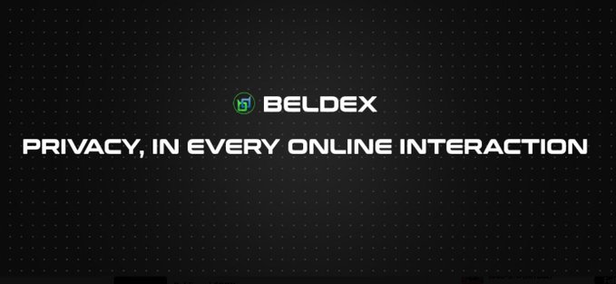 A black screen displays the green Beldex logo with the tagline 'PRIVACY, IN EVERY ONLINE INTERACTION' in white text.