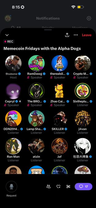 A mobile app screenshot shows a Twitter/X Space titled 'Memecoin Fridays with the Alpha Dogs' with multiple speakers and listeners in a grid layout.