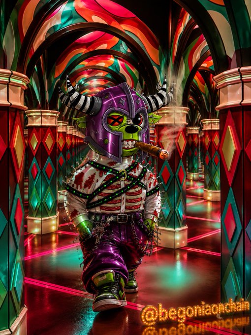 A digital illustration shows a green, goblin-like character with horns wearing a horned helmet and smoking a cigar, walking through an ornate hallway with red and green stained glass; the watermark "@begoniaonchain" appears in the corner.