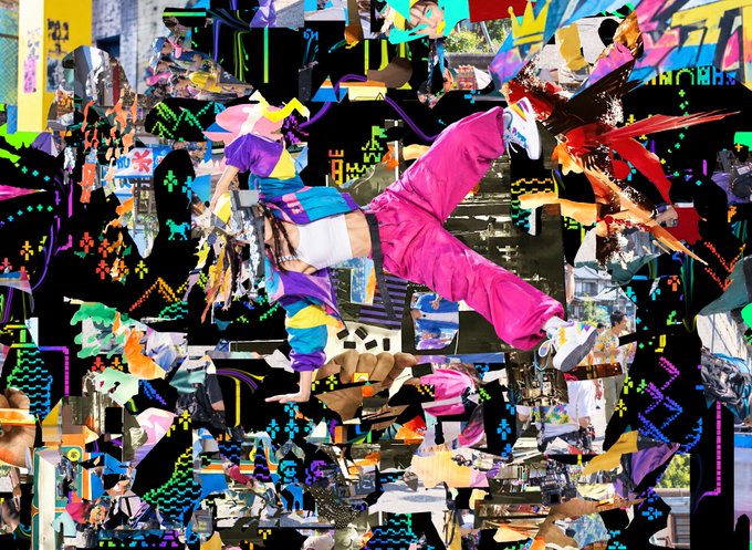 A vibrant, chaotic digital collage featuring a central figure in colorful clothing appearing to float or fall against a background filled with abstract shapes, patterns, and fragmented images.