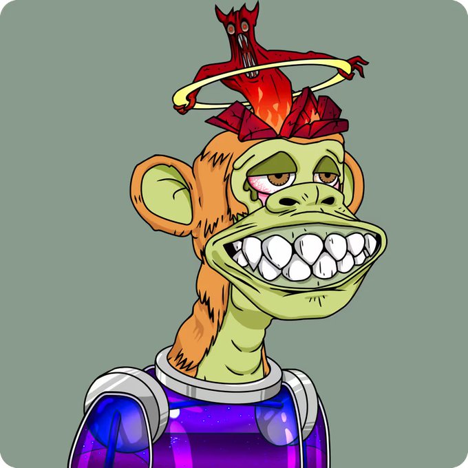 A digital illustration of a cartoon monkey character with a wide, toothy grin wearing a purple and blue space suit, with a small red demonic figure spinning in a ring above its head.
