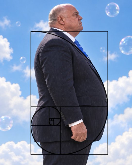 An older man in a pinstripe suit stands in profile against a blue sky with clouds and bubbles, overlaid with a golden ratio spiral graphic.
