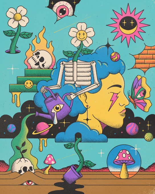 A colorful, psychedelic illustration featuring a yellow face with blue hair, a flaming skull, flowers, butterflies, and mushrooms.