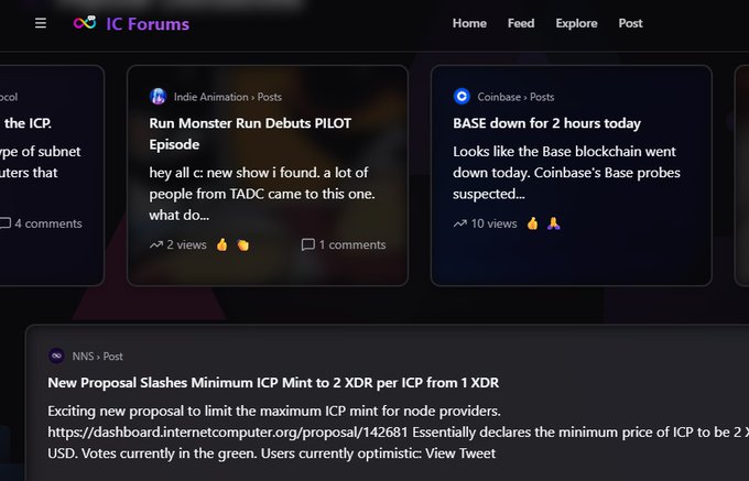 The image shows the IC Forums interface displaying posts from communities like "Indie Animation" and "Coinbase," including a featured post about "New Proposal Slashes Minimum ICP Mint to 2 XDR per ICP from 1 XDR" (Proposal 142681). The screenshot illustrates how the Internet Computer delivers a seamless, traditional-looking forum experience to users, masking the underlying blockchain technology—a point reinforced by the post's message that users don't need to know they're on-chain.