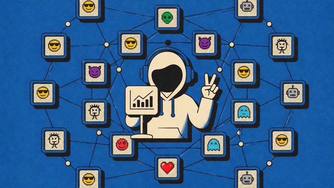 A stylized graphic showing a hooded figure with headphones holding a computer displaying a rising bar chart, surrounded by a network of pixel-art emoji icons (cat faces, hearts, robots) on a blue background.