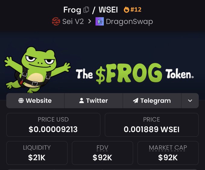 Cryptocurrency token page for $FROG (Frog token #12) on Sei V2 via DragonSwap, showing a Pepe-style frog mascot, with a price of $0.00009213 USD / 0.001889 WSEI, liquidity of $21K, and market cap of $92K.