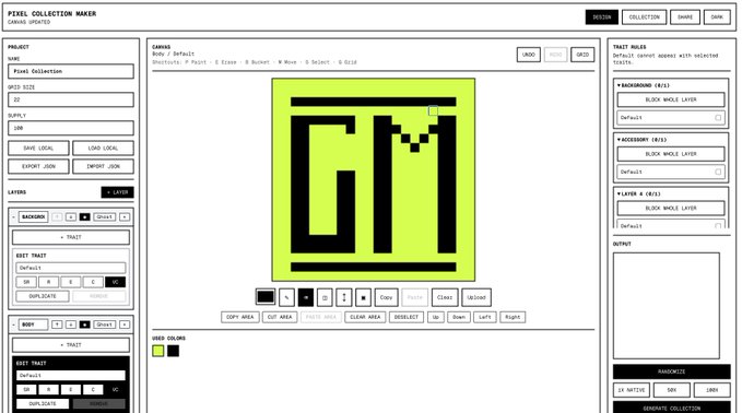 A screenshot of a 'Pixel Collection Maker' web tool, where a user is designing a green pixel art tile featuring the black letters 'GT' in a grid.