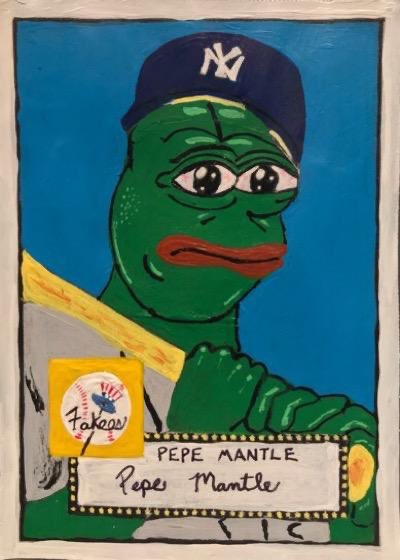 The image is a hand-painted parody of a 1990 Topps baseball card featuring Pepe the Frog in a New York Yankees cap, with the caption "PEPE MANTLE" and a "Topps" baseball logo, riffing on Mickey Mantle. The caption references "@TWadeArt" and "@FAKERARES_XCP" as the creator, tying into the social media post celebrating the collectible NFT artwork.