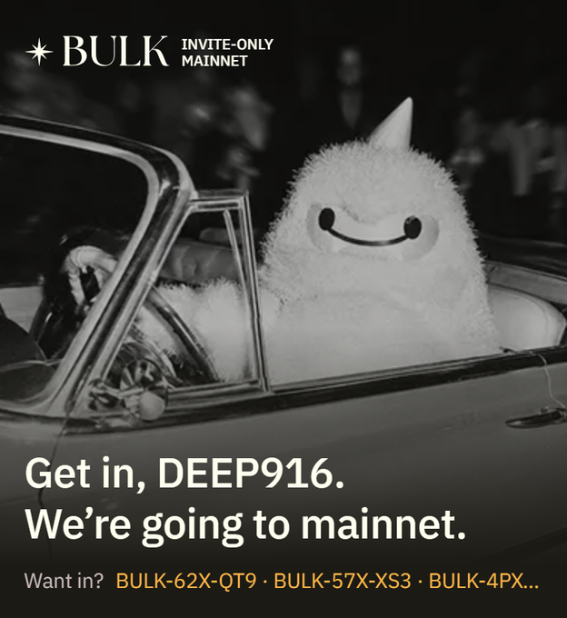 A black and white advertisement for 'BULK INVITE-ONLY MAINNET' featuring a fluffy white character in a car, with the text 'Get in, DEEP916. We're going to mainnet.' and invite codes displayed at the bottom.